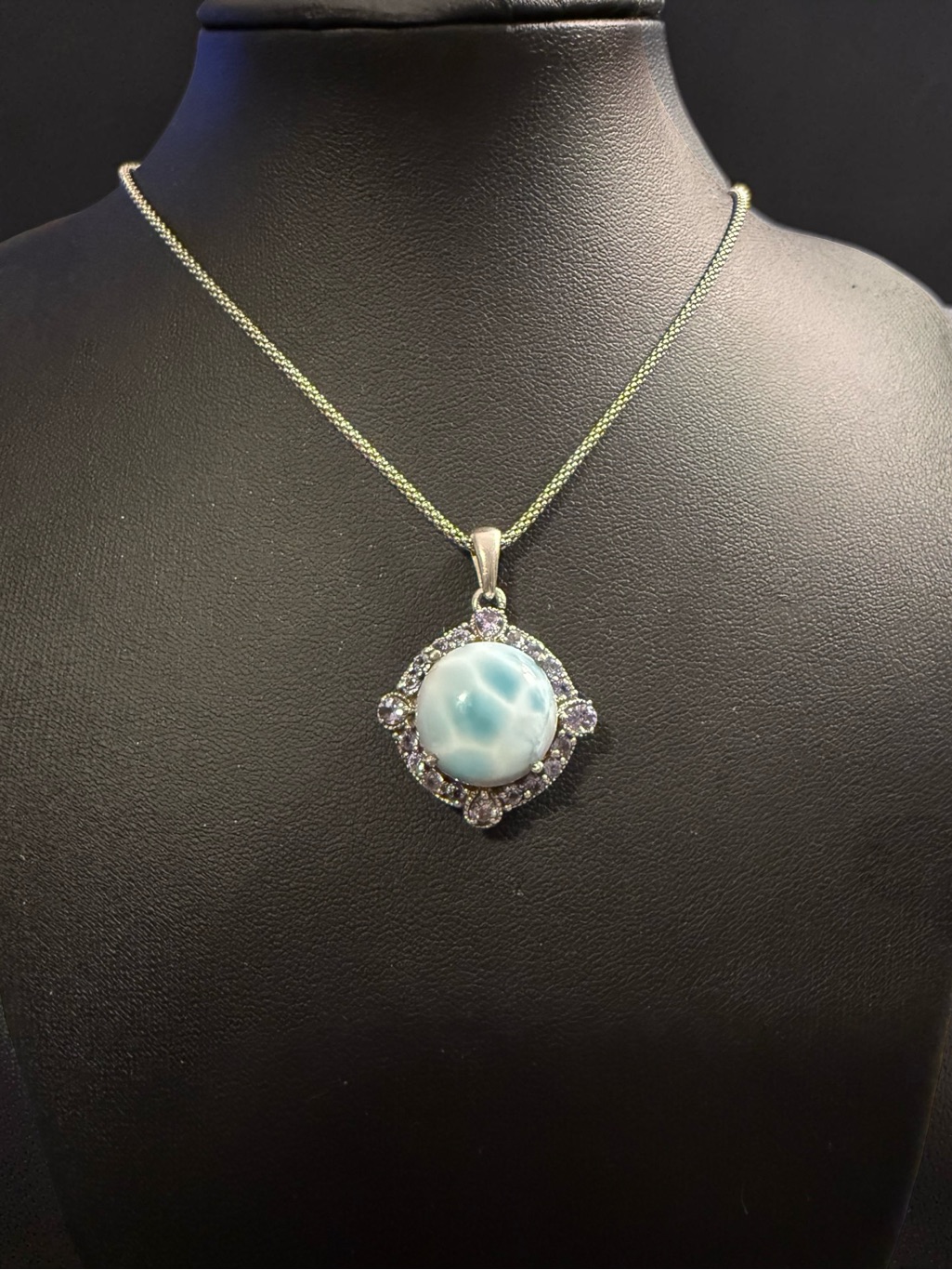 Larimar Halo Pendant Necklace In Tanzanite
